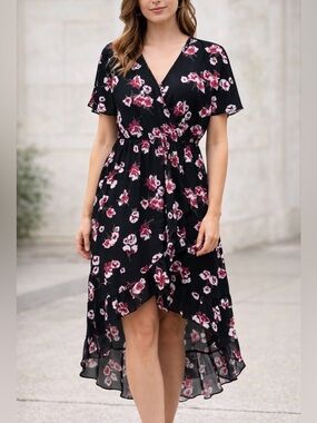 💥J Crew Hi-Lo Navy Floral Ruffle Faux Wrap Short Sleeve Midi Dress M DC2